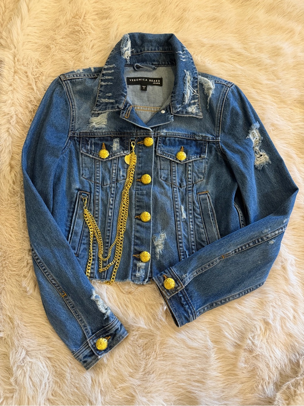 Veronica Beard Distressed Blue Cropped Denim Jacket with Gold Buttons & Chain